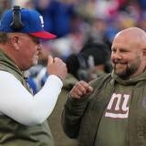 Defensive coordinator Wink Martindale and head coach Brian Daboll after the defense stopped Houston in the red zone in the