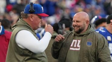 Defensive coordinator Wink Martindale and head coach Brian Daboll after the defense stopped Houston in the red zone in the