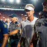 LSU head coach Lane Kiffin walks off the field after a college football game between Ole Miss and LSU at Vaught Hemingway