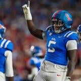 Ole Miss defensive end Kam Franklin (5) celebrates during a college football game between Ole Miss and LSU at Vaught Hemingway
