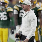 Green Bay Packers head coach Matt LaFleur is shown during the first quarter of their game against the Atlanta Falcons Thursday,