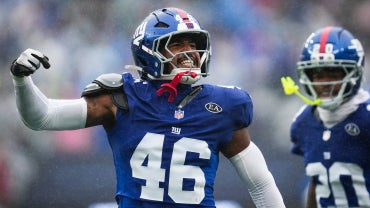 New York Giants inside linebacker Zaire Barnes (46) celebrates during a game against the Tennessee Titans at MetLife Stadium,
