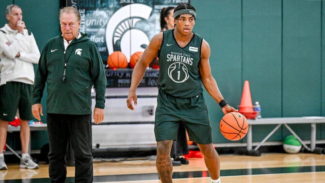 Michigan State's Jeremy Fears Jr. moves the ball during the first basketball practice of the season on Tuesday, Sept. 22, 2026,