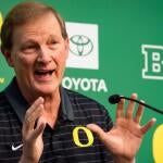 Oregon menís basketball coach Dana Altman speaks during a press conference on his retirement Oct. 7, 2026, at Matthew Knight
