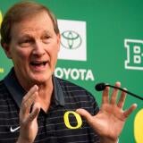 Oregon menís basketball coach Dana Altman speaks during a press conference on his retirement Oct. 7, 2026, at Matthew Knight