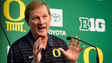 Oregon menís basketball coach Dana Altman speaks during a press conference on his retirement Oct. 7, 2026, at Matthew Knight