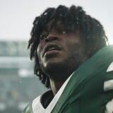 New York Jets edge rusher David Bailey (31) looks on after a game between the New York Jets and the Cleveland Browns at MetLife