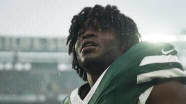 New York Jets edge rusher David Bailey (31) looks on after a game between the New York Jets and the Cleveland Browns at MetLife