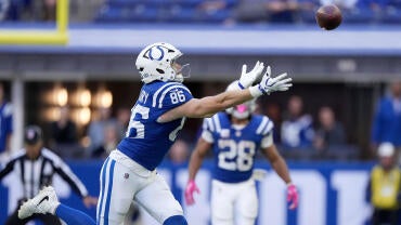 Indianapolis Colts tight end Will Mallory (86) cannot quite reach a pass intended for him Sunday, Oct. 18, 2026, during the game