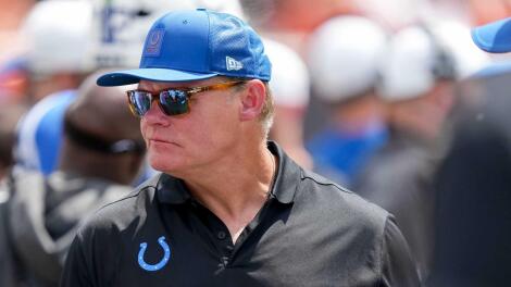Indianapolis Colts general manager Chris Ballard walks the sideline Saturday, Aug. 23, 2025, during a game against the
