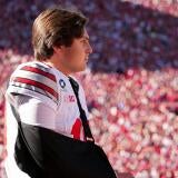 Ohio State Buckeyes quarterback Julian Sayin (10) returns to the field in a sling during the NCAA football game against the
