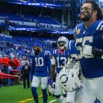 Indianapolis Colts guard Quenton Nelson (56) leads a group of players off the field Sunday, Oct. 18, 2026, following the game