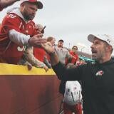 Utah head coach Morgan Scalley celebrates with fans after Utahís 31-17 victory over Iowa State on Sept. 26, 2026, at Jack Trice
